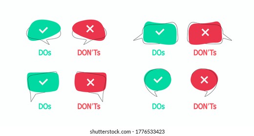 Set of Do and Dont check tick mark and red cross vector isolated icons. Do's and Don'ts checklist