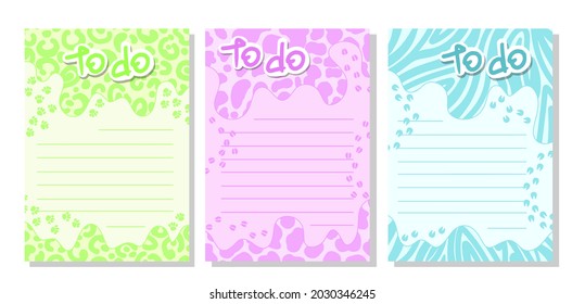 Establecer como lista con la impresión animal. 
Cebra, leopardo, vaca. Papel de nota, plantillas de pegatinas decoradas con hermosas ilustraciones cosméticas y letras de moda. Vector de garabato plano.