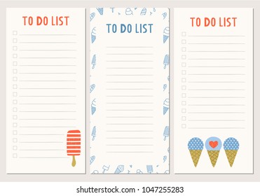 Set Of To Do List With Ice Cream Illustration. Vector.