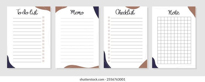 Set of To do list, note, memo, checklist with pattern in trendy color of the 2025 Mocha Mousse. Vector illustration for planners, agenda, notebooks, cards, diary and other stationery. Layout A5