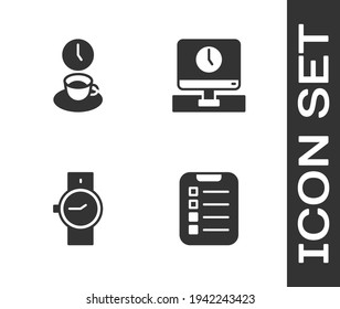 Set To do list or planning, Coffee time, Wrist watch and Monitor icon. Vector
