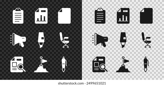 Set To do list or planning, Document with graph chart, File document, Mountains flag on top, Fountain pen nib, Megaphone and Marker icon. Vector