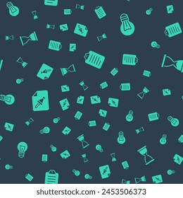 Set To do list or planning, Light bulb, Note paper with push button and Old hourglass on seamless pattern. Vector