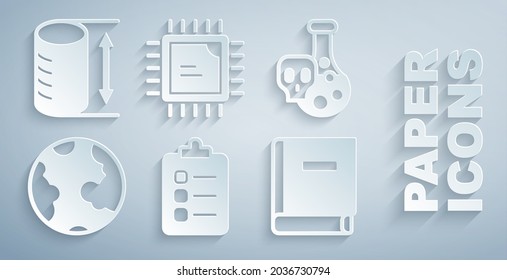 Set To do list or planning, Test tube with toxic liquid, Earth globe, Science book, Processor CPU and Height geometrical figure icon. Vector