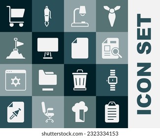 Set To do list or planning, Wrist watch, Document with graph chart, Table lamp, Computer monitor, Mountains flag top, Shopping cart and File document icon. Vector