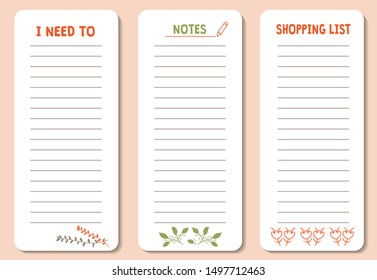 Set of to do list, shopping and notes list with cute doodle icons. Works well as planner, organizer, market list, to do list. Vector background. Business or education shedule page.