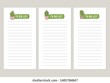 Set of to do list template with hand drawn cactus elements. Vector isolated illustration.