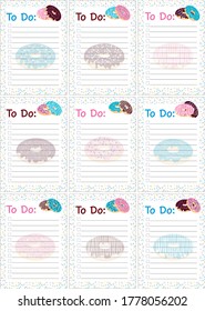 Set of to do lists with cute dessert donut illustrations. For agenda, planners, check lists, notebooks, cards, stickers, and other stationery and other organization and planning. Vector background