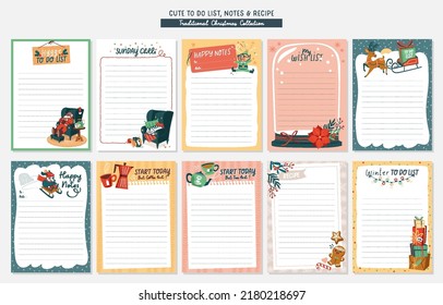 Juego de listas y notas con ilustraciones navideñas. Plantilla para listas de comprobación y otros artículos de papelería. Vector aislado.