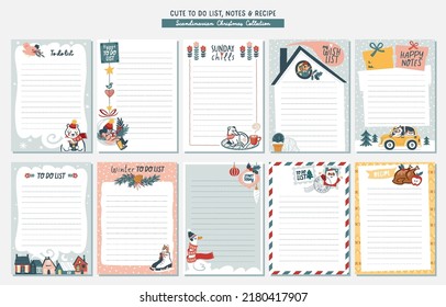 Set of to do lists and notes with cute Christmas scandinavian illustrations. Template for agenda,  check lists, and other stationery. Isolated vector.