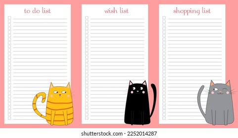 A set of to do lists, wish lists, and shopping lists. Planner template with an illustration of cute cats. Vector illustration