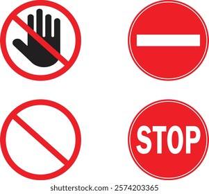 Set Do Not Enter. No Entry Signs with red forbidden signs don't touch. No entry hand red label or sticker. Ban or prohibited sign. design in trendy style. Vector illustration
