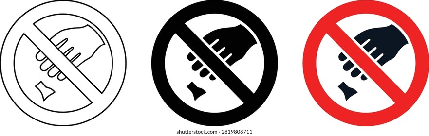 A set of do not litter signs featuring a hand dropping trash inside a circular prohibition marker. The collection includes outline, solid black, and red colored versions of the warning symbol. These anti-pollution notices communicate forbidden waste disposal or strict no littering rules in public spaces. Each icon shows a palm releasing debris crossed out by a diagonal line to clearly indicate that throwing trash on the ground is prohibited by the safety regulations depicted.