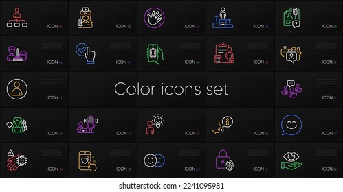 Set of Do not touch, Search employee and Health eye line icons. Include Checkbox, Business podium, Work home icons. Like, Woman love, Vaccination web elements. Heart rating, Teamwork. Vector