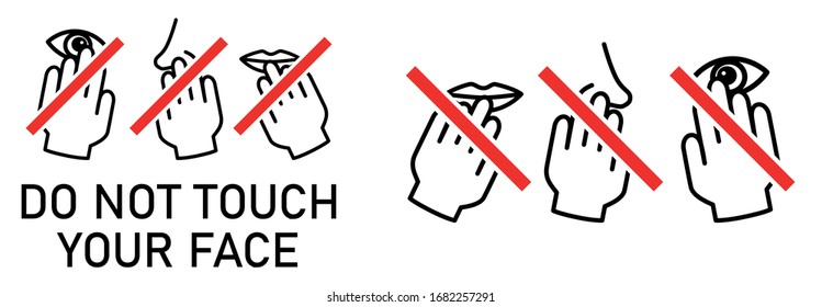 Set of do not touch your face icon. Simple black white drawing with hand touching mouth, nose, eye crossed by red line. Can be used during coronavirus covid-19 outbreak prevention