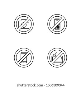 Set of do not watching television, take picture camera, take smartphone and hand phone line icon design. Warning sign symbol icon vector design.