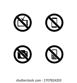 Set of do not watching television, take picture camera, take smartphone and hand phone glyph icon design. Warning sign symbol icon vector design. Black glyph vector icon.