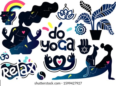 Set of do yoga illustrations. Girls in different yoga poses do exercises surrounded by do yoga and relax lettering and yoga symbols. Vector detailed illustration of silhouettes with space texture.
