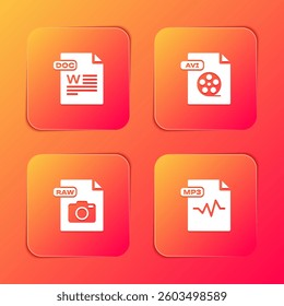 Set DOC file document, AVI, RAW and MP3 icon. Vector