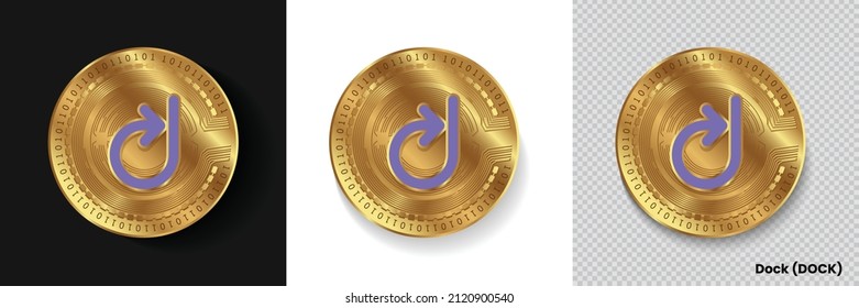 Set of Dock (DOCK) crypto currency logo symbol vector isolated on white, dark and transparent background. Can be used as golden coin sticker, icon, label, badge, print design and emblem