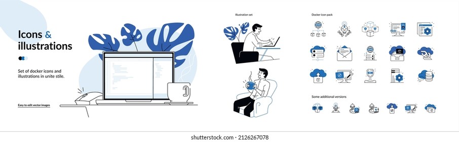A set of docker icons and illustrations in unite style. Mega pack for a turnkey website. Vector illustration