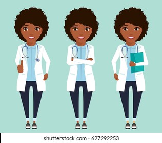 Set. Doctor of African descent in a white coat. In flat style. Cartoon. Health and medicine.