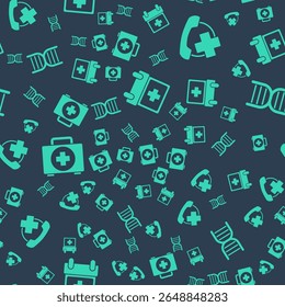 Set Doctor appointment, Emergency phone call to hospital, First aid kit and DNA symbol on seamless pattern. Vector