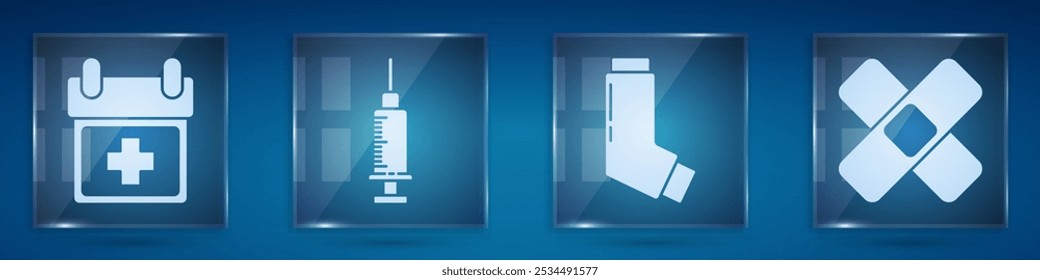 Fije la cita del médico, la jeringa, el inhalador y el yeso cruzado del vendaje. Paneles de vidrio cuadrados. Vector