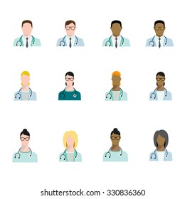 Set of doctor avatars profession, basic characters in flat style. Doctors of different races.