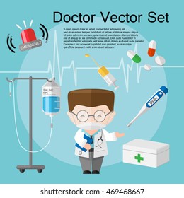 A Set of doctor cartoon character with equipment.