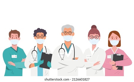 Set of doctor cartoon characters, hospital medical team concept in various poses. Vector Illustration
