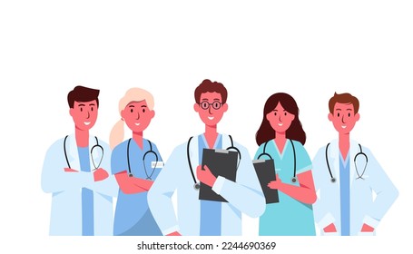 Set of doctor cartoon characters, hospital medical team concept in various poses. Vector Illustration