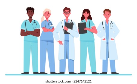 Conjunto de personajes de caricatura de doctores, concepto de equipo médico hospitalario en varias poses. Ilustración vectorial