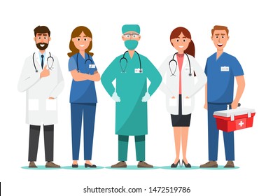 Set of doctor cartoon characters. Medical staff team concept in hospital. vector illustration