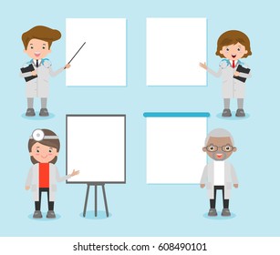 set of doctor character with blank banners, practitioner young doctor man and woman with placards for your message. Hospital medical team doctors