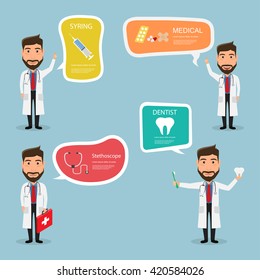 Set of doctor character with icon and bubble speech.