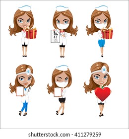 Set of doctor character. Woman doctor character. Medicine. Doctor character. 