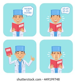 Set of doctor characters with book posing in different situations. Cheerful doctor reading a book, laughing, crying, showing thumb up gesture. Flat style vector illustration