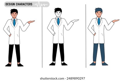 Conjunto de personajes médicos de diseño con diferentes uniformes y colores. Ilustración vectorial 