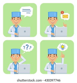 Set of doctor characters with laptop posing in different situations. Cheerful doctor pointing up, thinking, showing thumb up gesture. Flat style vector illustration