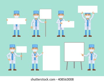 Set of doctor characters posing with different blank banners. Cheerful doctor with paper, poster, placard, pointing to whiteboard, teach, advertise, promote. Flat style vector illustration