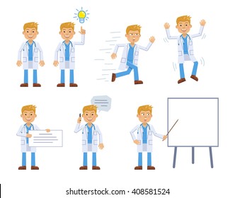 Set of doctor characters posing in different situations. Cheerful assistant pointing up, running, jumping, talking on phone, holding banner, pointing to whiteboard. Flat style vector illustration