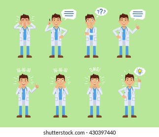 Set of doctor characters posing in different situations. Cheerful assistant talking on phone, thinking, crying, laughing, surprised, pointing up. Flat style vector illustration