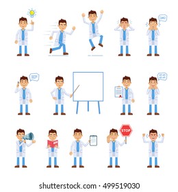 Set of doctor characters posing in different situations. Cheerful assistant pointing up, running, jumping, crying, talking on phone and showing other actions. Simple style vector illustration