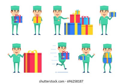 Set of doctor characters posing with various gift boxes. Cheerful doctor holding gift box, running and showing other actions. Simple vector illustration
