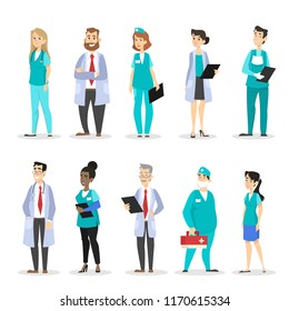 Set of doctor characters. Professional medical team in uniform. Healthcare occupation. Isolated vector illustration in cartoon style