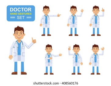 Set of doctor characters showing different hand gestures. Cheerful young assistant showing thumb up gesture, waving, pointing up, greeting, victory hand. Flat style vector illustration