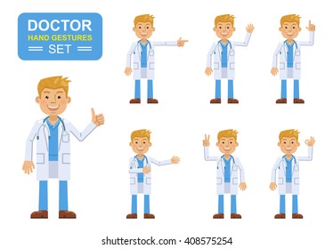 Set of doctor characters showing different hand gestures. Cheerful young assistant showing thumb up gesture, waving, pointing up, greeting, victory hand. Flat style vector illustration