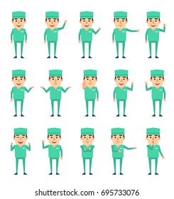 Set of doctor characters showing various hand gestures. Cheerful doctor pointing, greeting, showing thumb up and other gestures. Simple vector illustration