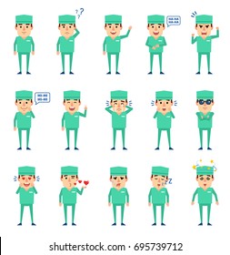 Set of doctor characters showing various emotions. Cheerful doctor laughing, sleeping, tired, surprised, in love and showing other emotions. Simple vector illustration